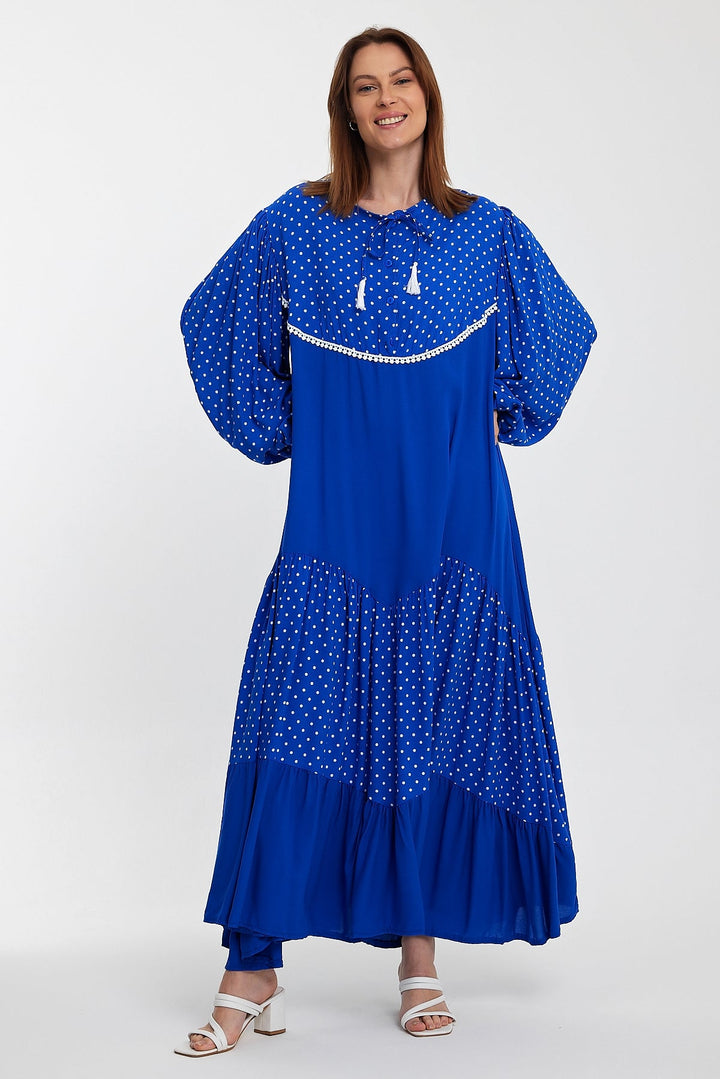 Polka Dot Tiered Maxi Dress with Balloon Sleeves in Blue