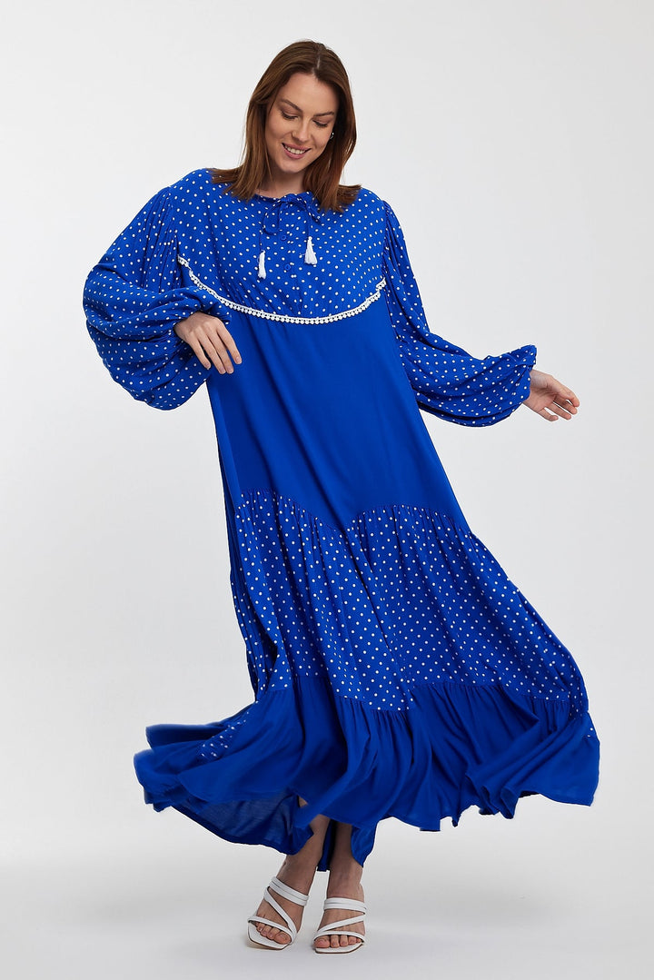 Polka Dot Tiered Maxi Dress with Balloon Sleeves in Blue