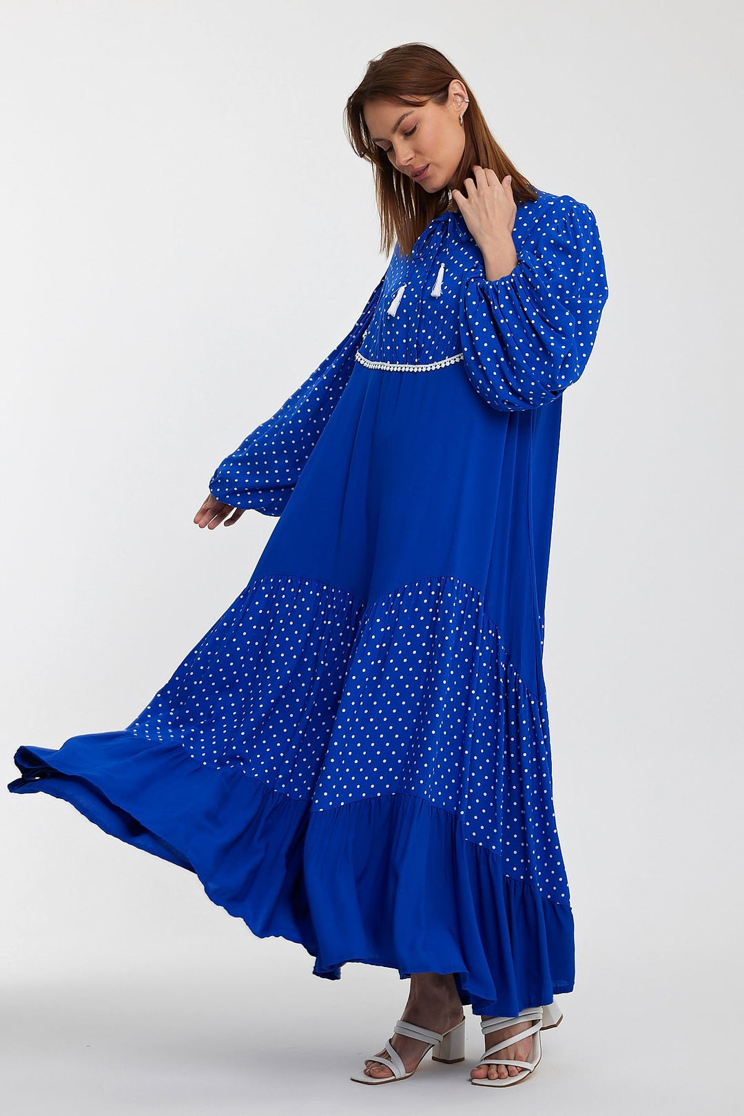 Polka Dot Tiered Maxi Dress with Balloon Sleeves in Blue