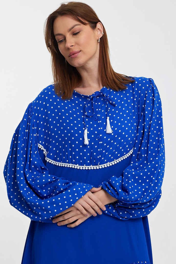 Polka Dot Tiered Maxi Dress with Balloon Sleeves in Blue