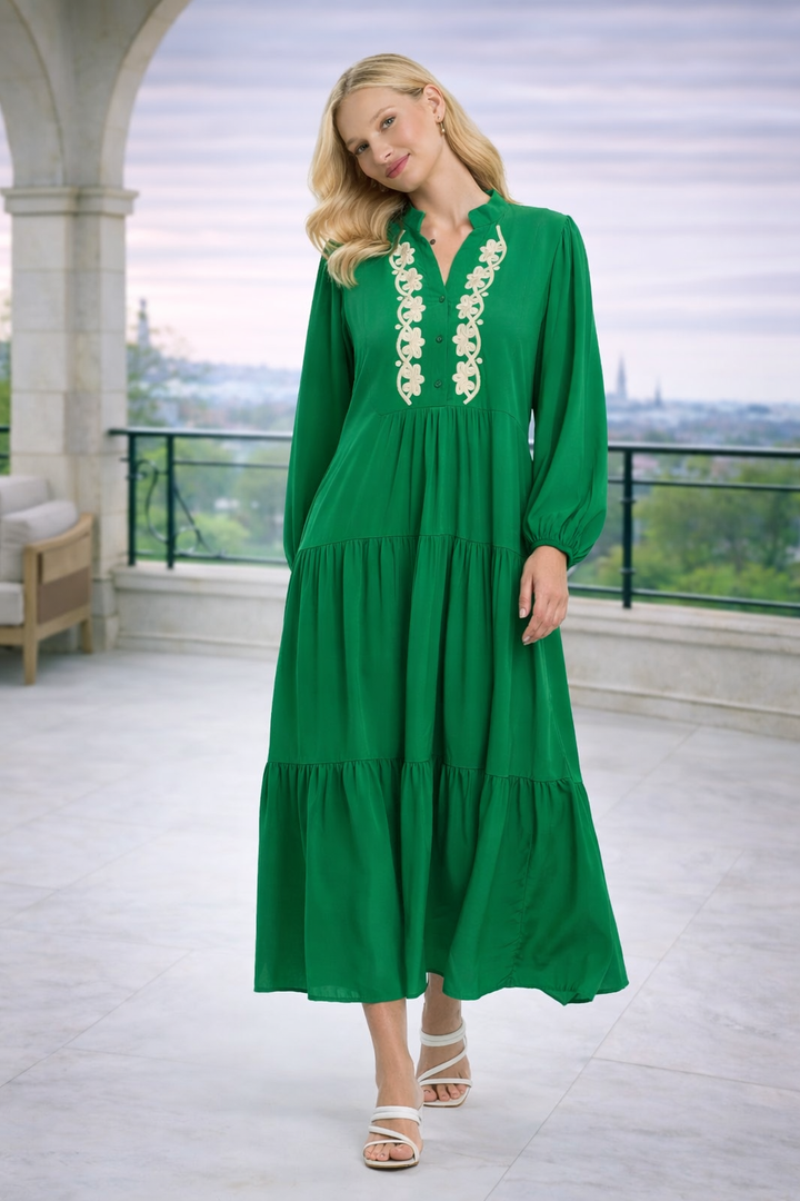 Embroidered Front Tiered Midi Dress in Green