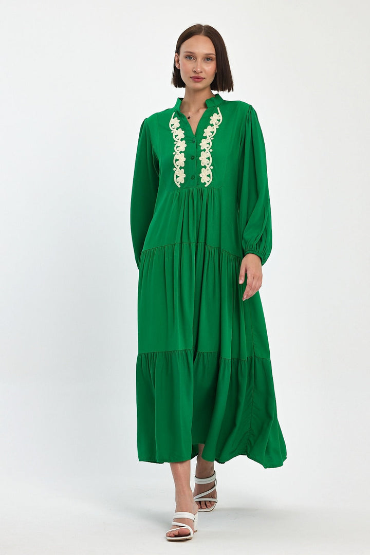 Embroidered Front Tiered Midi Dress in Green
