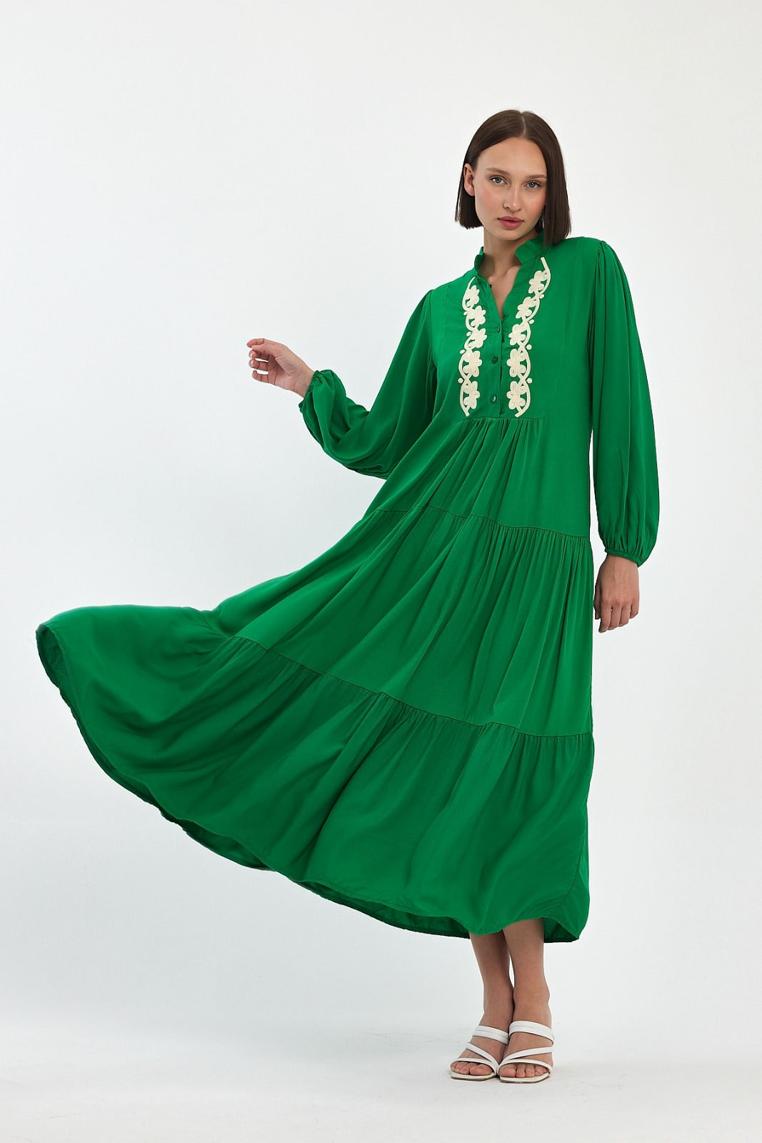 Embroidered Front Tiered Midi Dress in Green