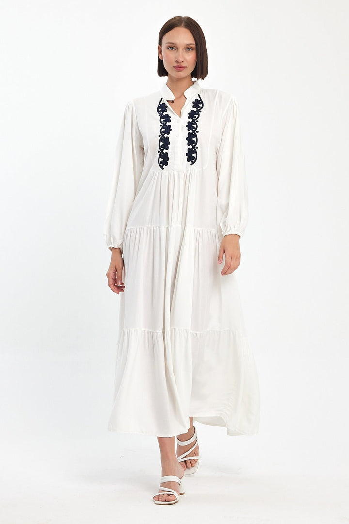 Embroidered Front Tiered Midi Dress in White