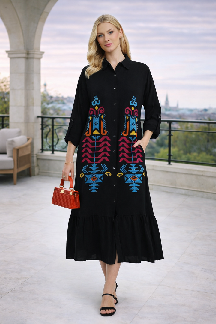 Embroidered Tiered Midi Dress with Button-Through Front in Black