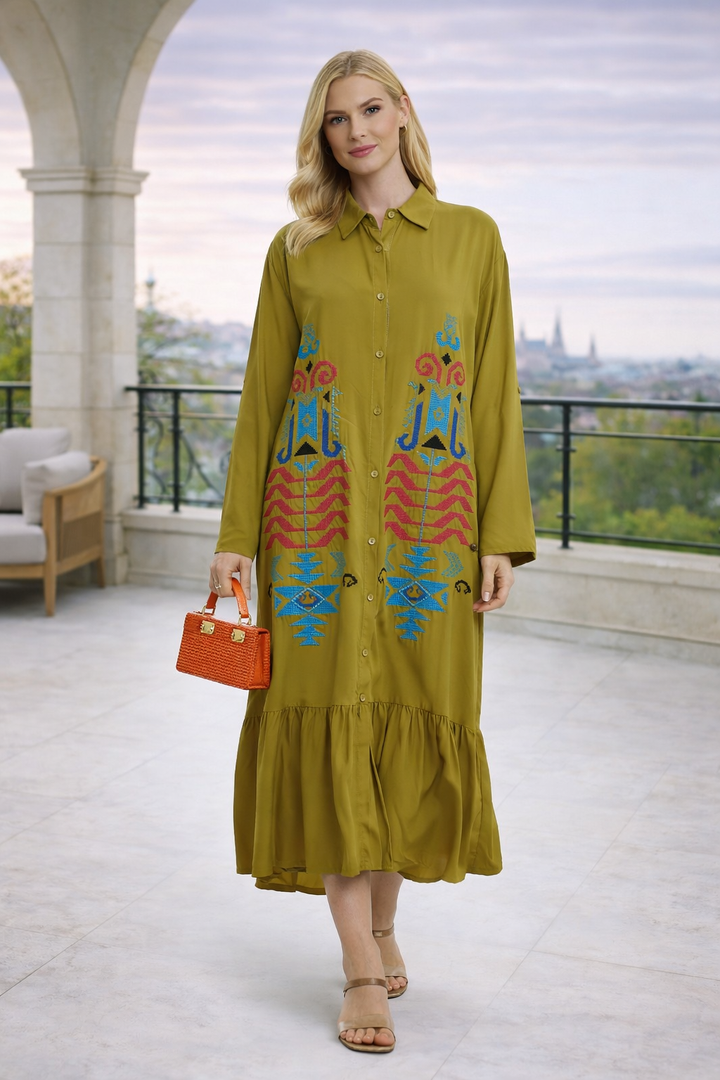 Embroidered Tiered Midi Dress with Button-Through Front in Mustard
