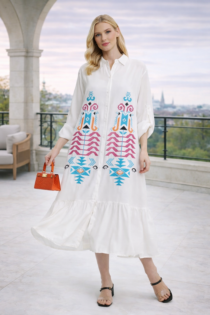 Embroidered Tiered Midi Dress with Button-Through Front in White