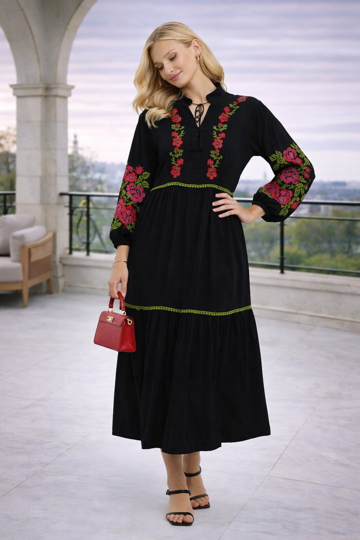 Embroidered Midi Dress with Contrast Floral Detail in Black