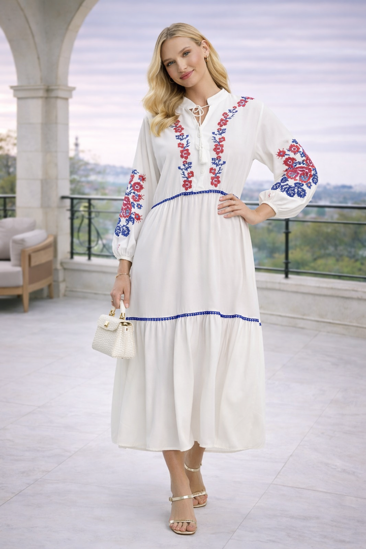 Embroidered Midi Dress with Contrast Floral Detail in White
