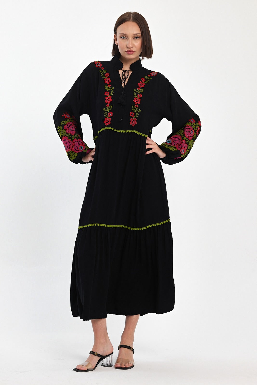 Embroidered Midi Dress with Contrast Floral Detail in Black