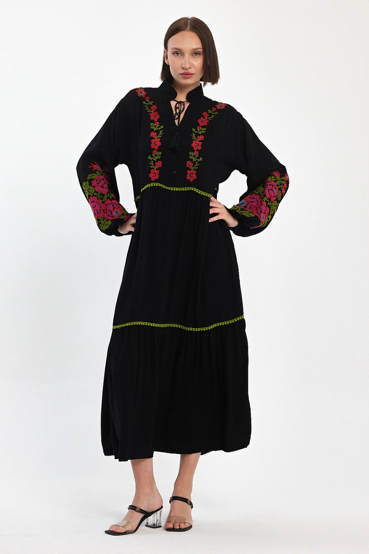 Embroidered Midi Dress with Contrast Floral Detail in Black
