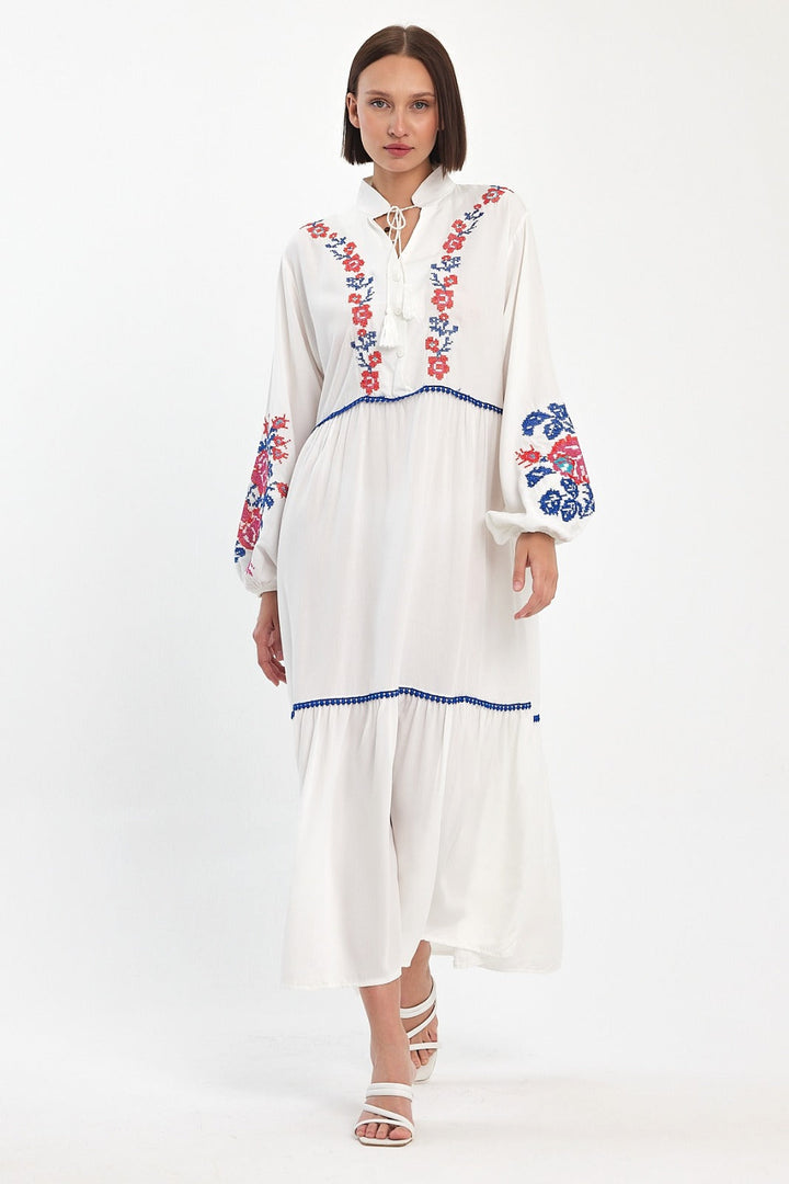 Embroidered Midi Dress with Contrast Floral Detail in White