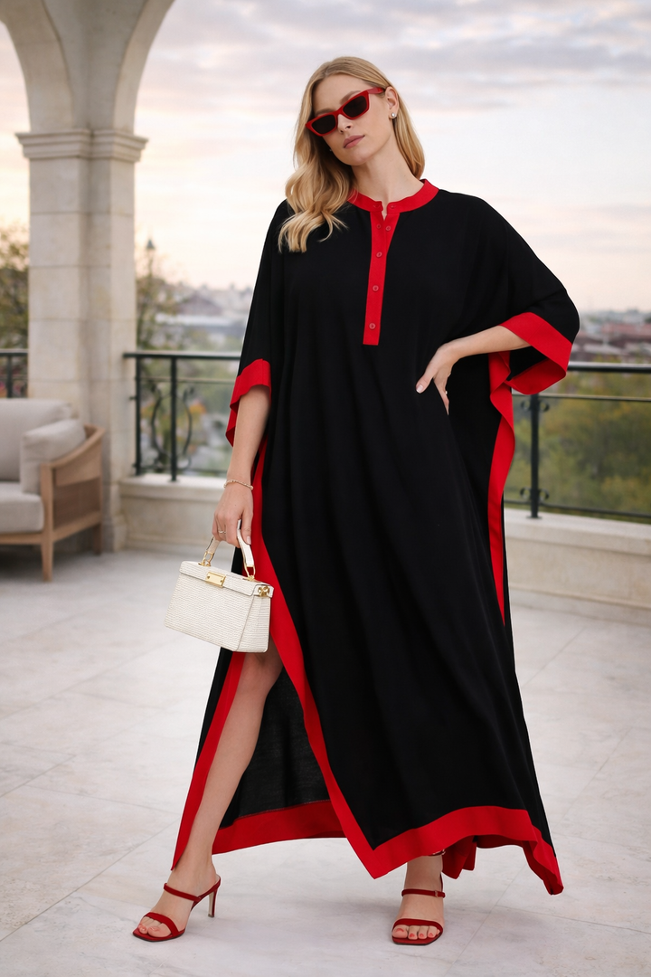 Embroidered Contrast Trim Maxi Kaftan Dress in Black