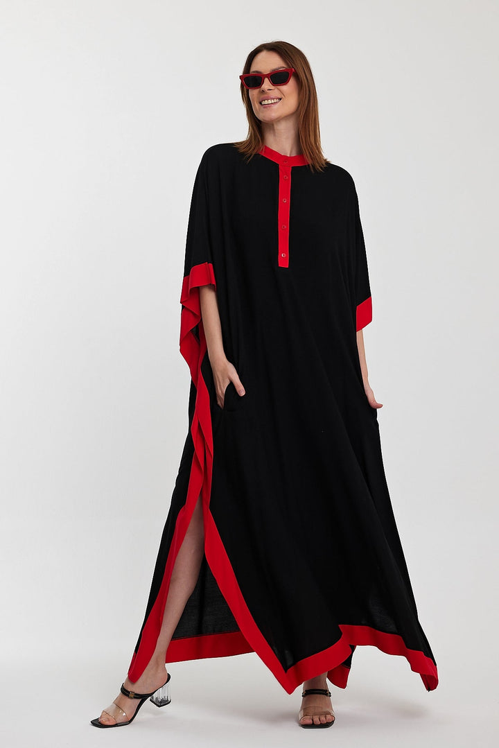 Embroidered Contrast Trim Maxi Kaftan Dress in Black