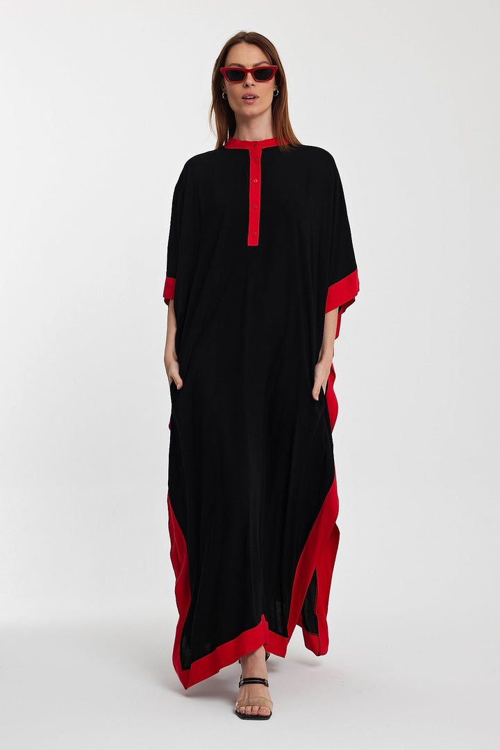 Embroidered Contrast Trim Maxi Kaftan Dress in Black