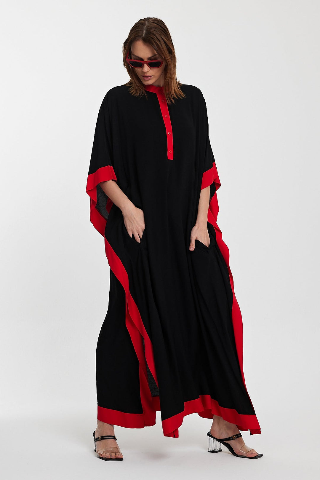 Embroidered Contrast Trim Maxi Kaftan Dress in Black