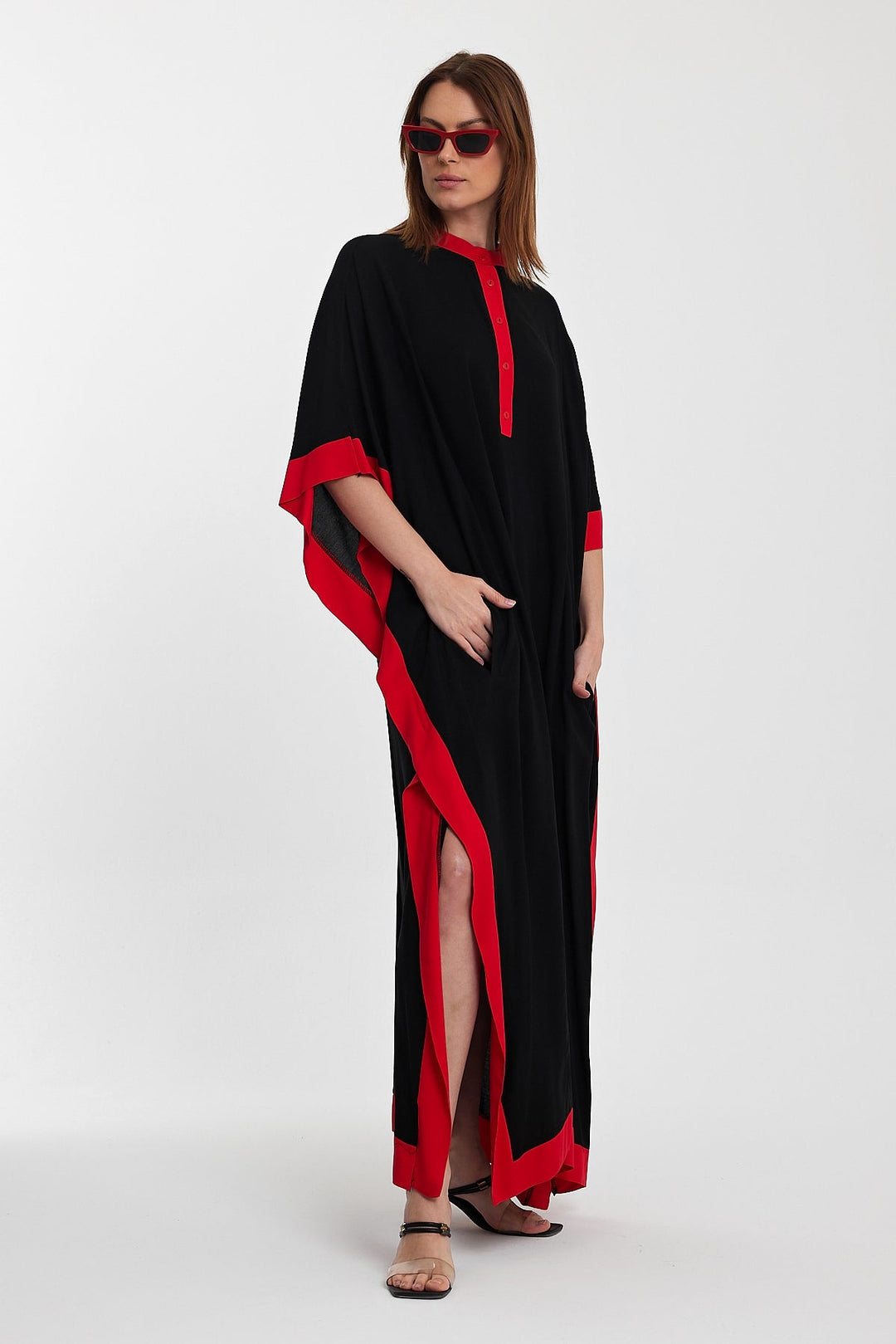 Embroidered Contrast Trim Maxi Kaftan Dress in Black