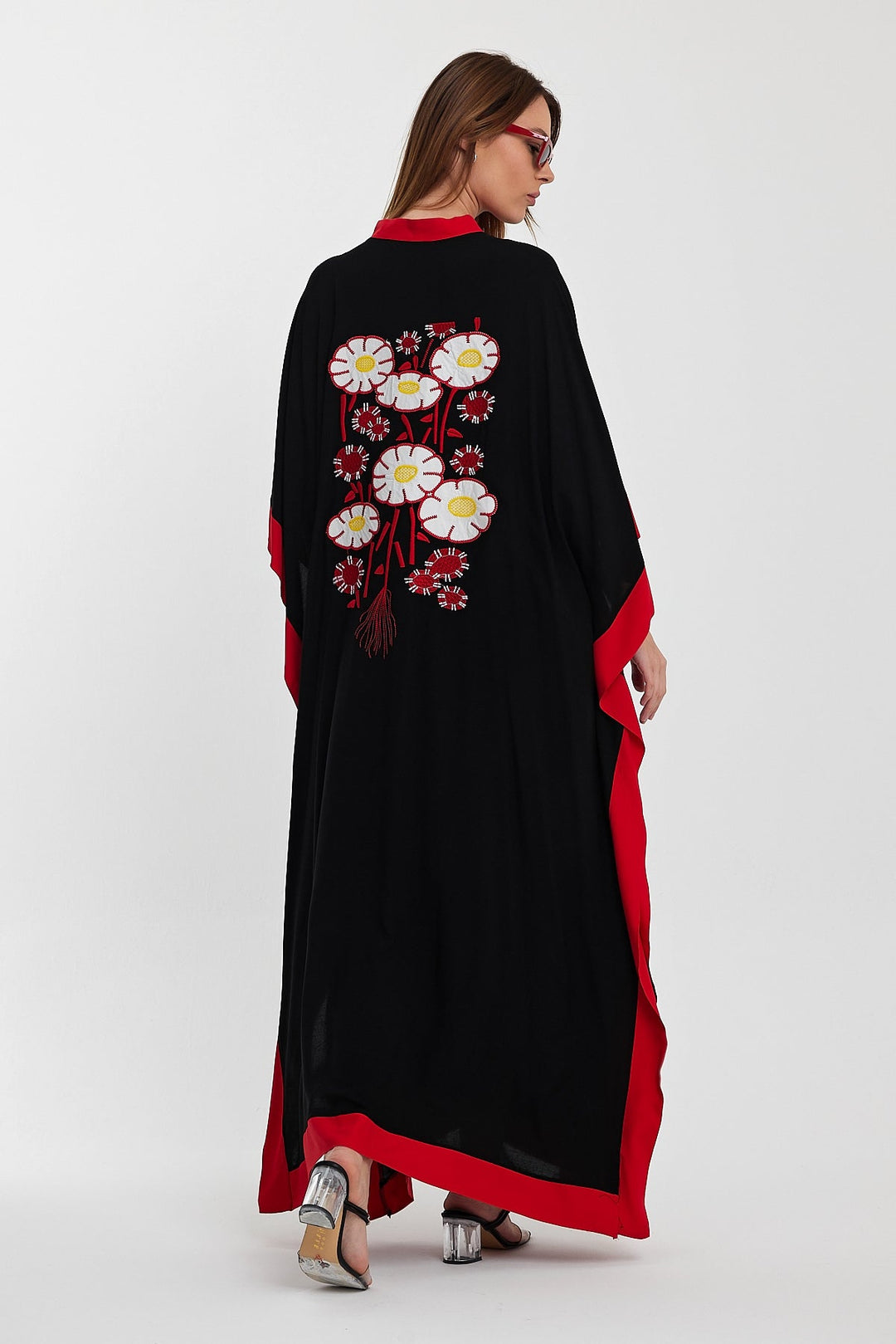 Embroidered Contrast Trim Maxi Kaftan Dress in Black