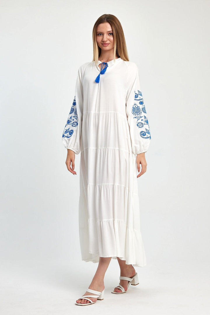 Embroidered Tiered Maxi Dress with Contrast Sleeve Detail in White