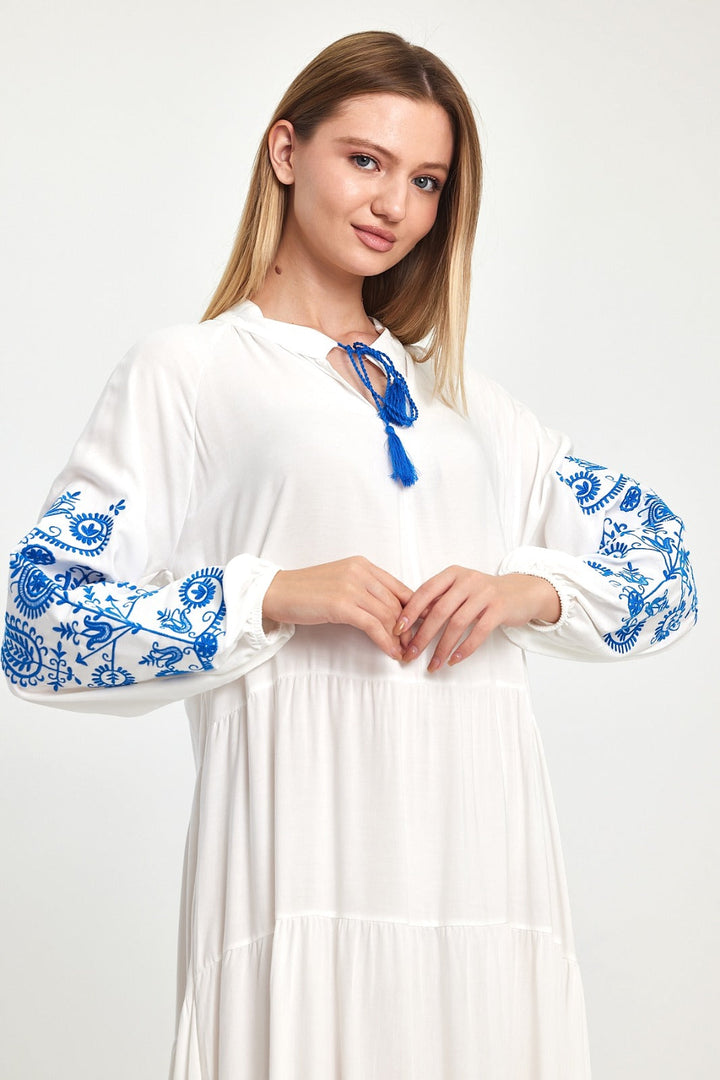 Embroidered Tiered Maxi Dress with Contrast Sleeve Detail in White