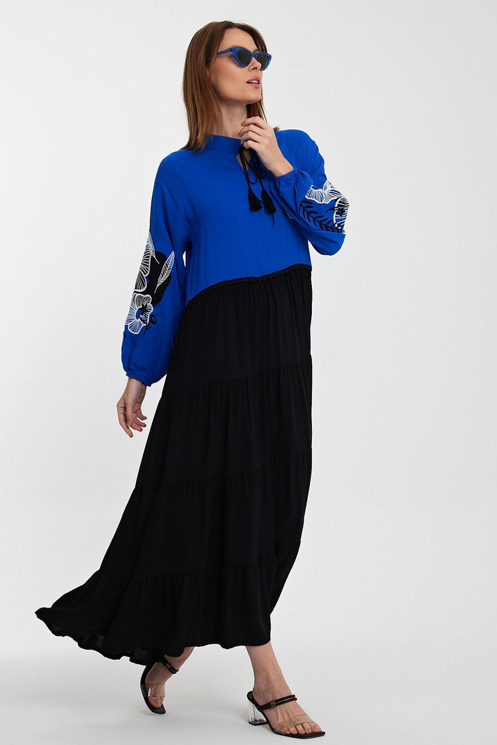 Embroidered Long Sleeve Midi Dress with Tie Neck Detail in Blue