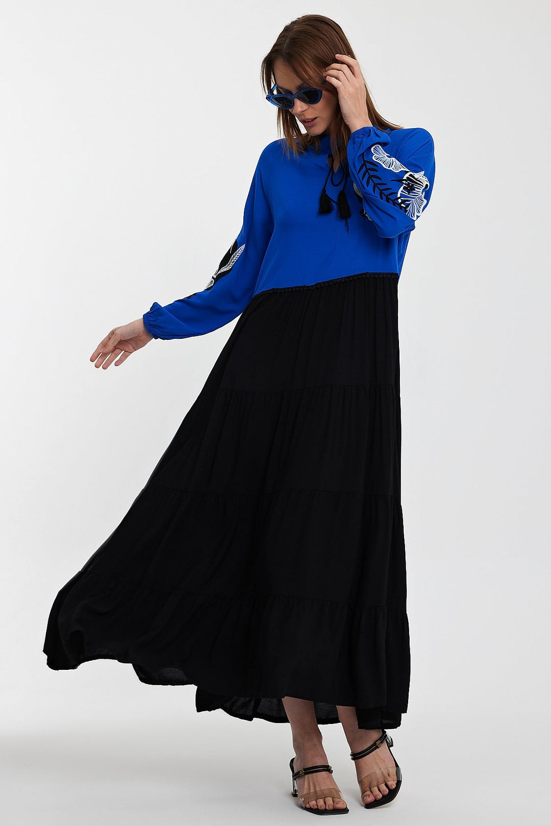 Embroidered Long Sleeve Midi Dress with Tie Neck Detail in Blue