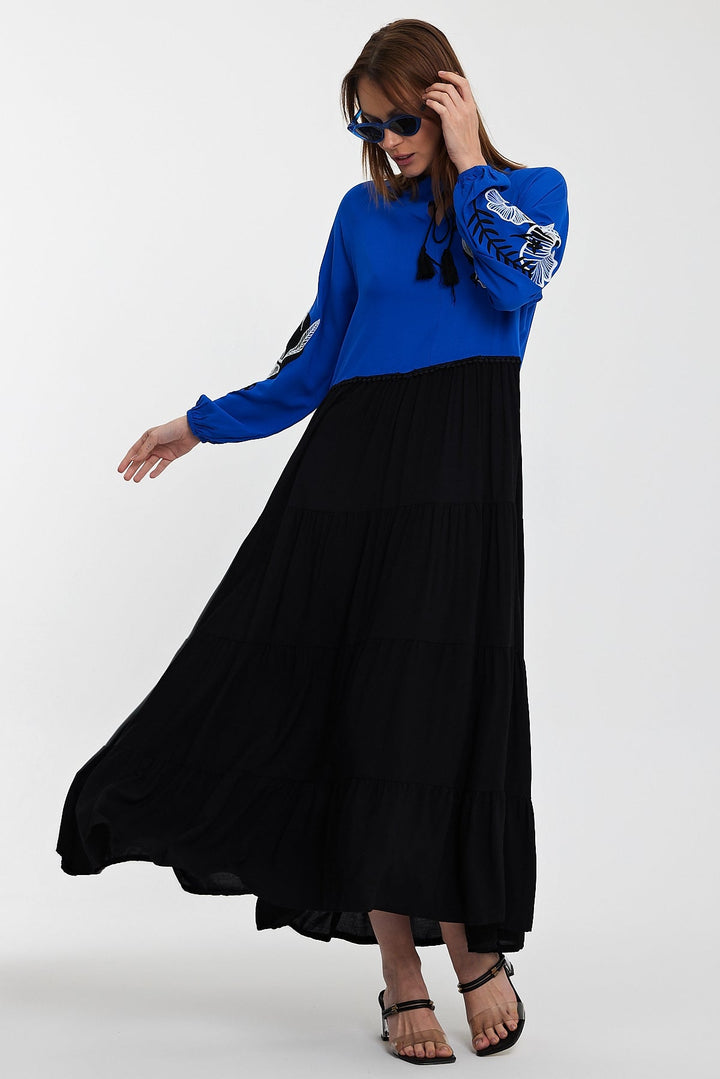 Embroidered Long Sleeve Midi Dress with Tie Neck Detail in Blue