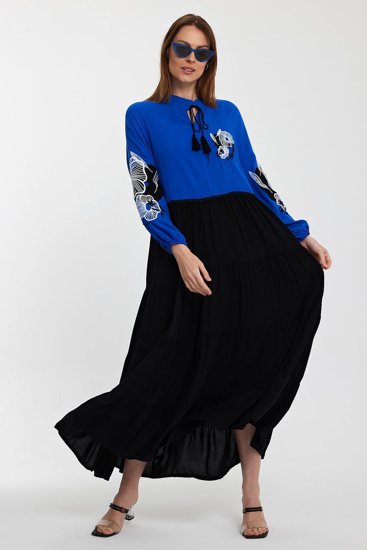 Embroidered Long Sleeve Midi Dress with Tie Neck Detail in Blue