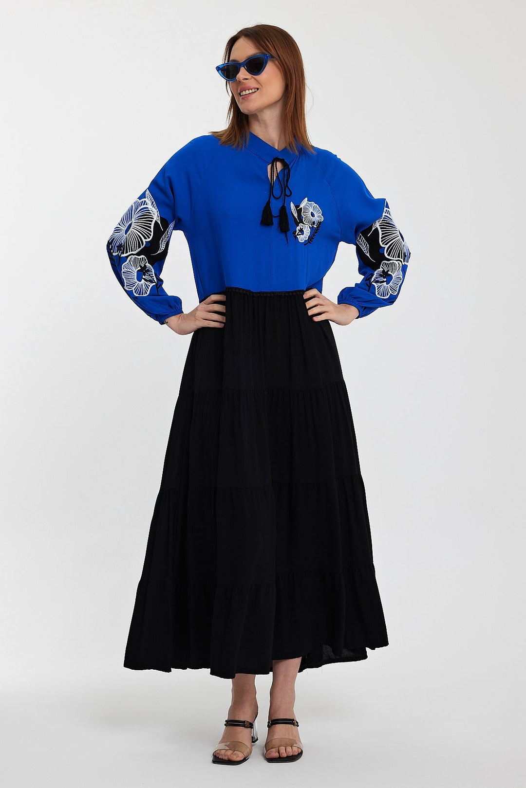 Embroidered Long Sleeve Midi Dress with Tie Neck Detail in Blue