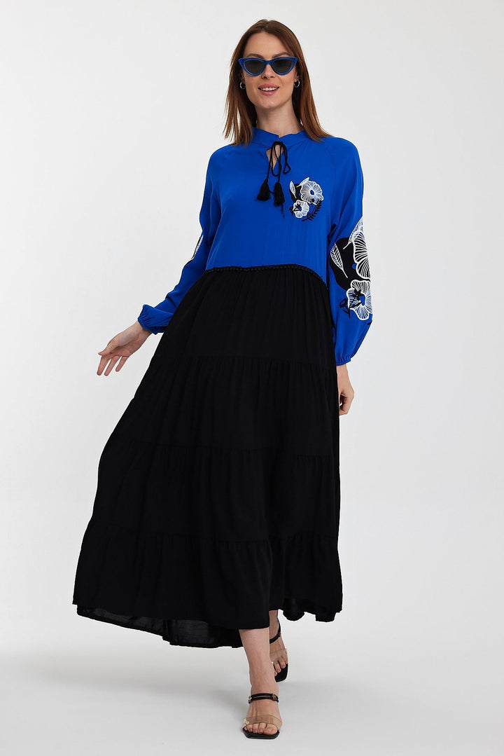 Embroidered Long Sleeve Midi Dress with Tie Neck Detail in Blue