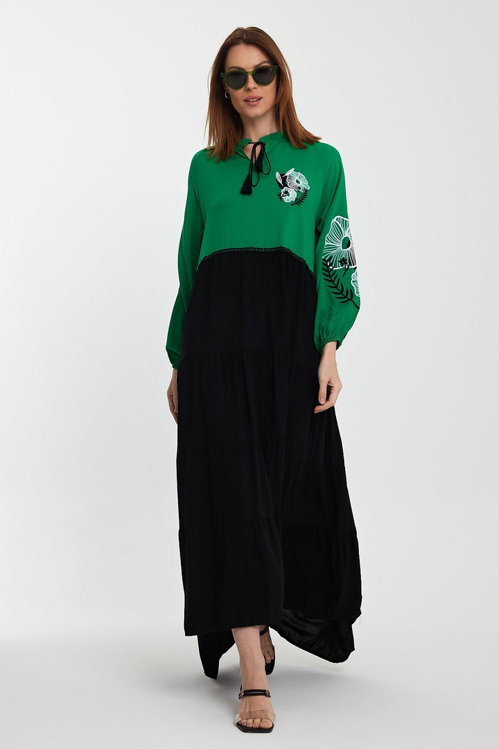 Embroidered Long Sleeve Midi Dress with Tie Neck Detail in Green