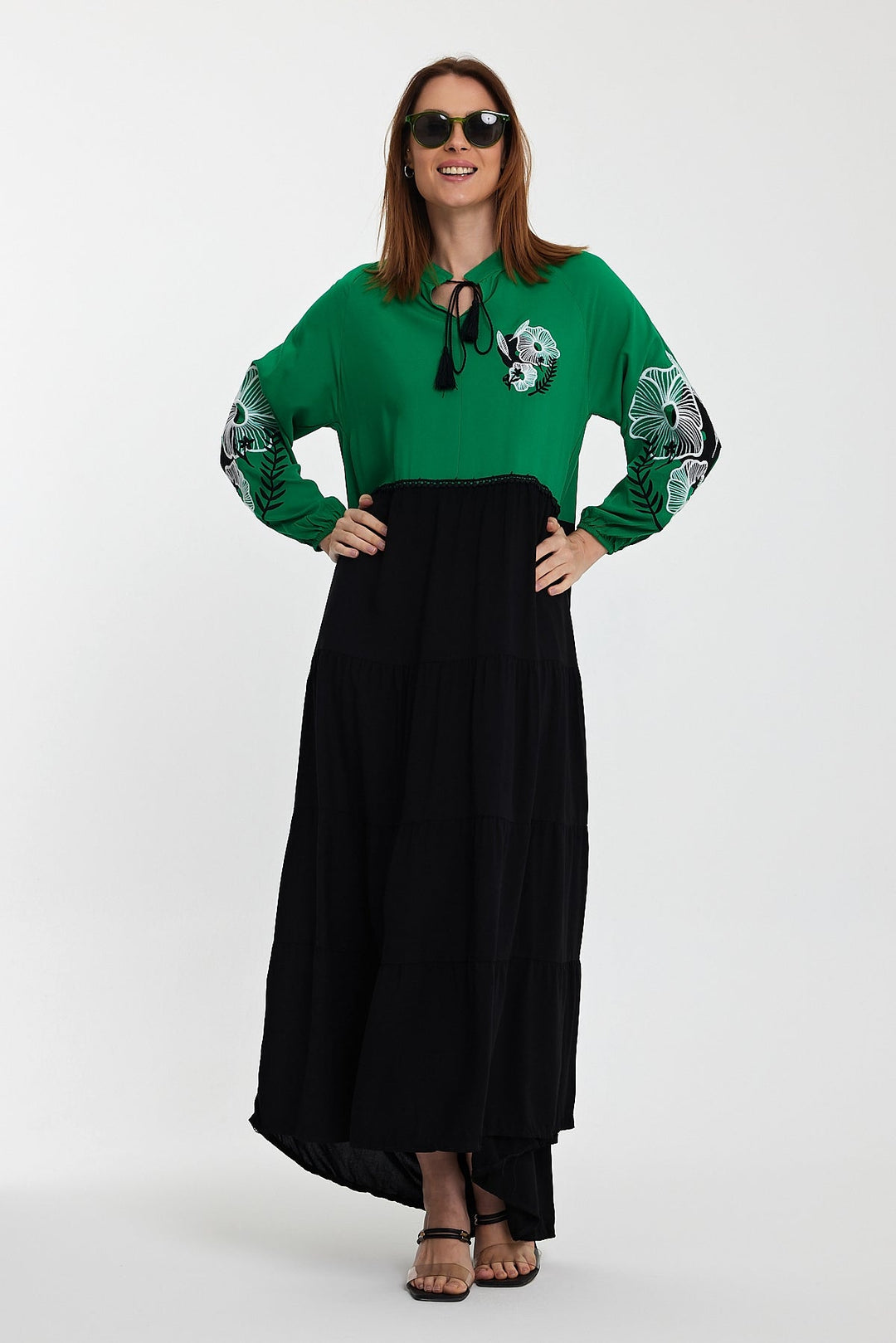Embroidered Long Sleeve Midi Dress with Tie Neck Detail in Green