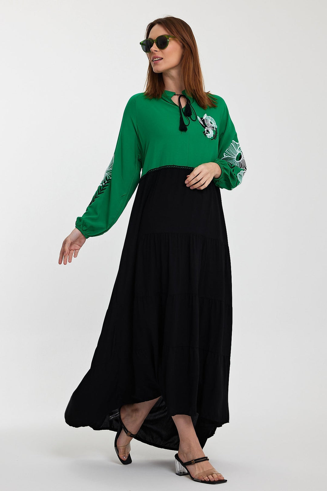 Embroidered Long Sleeve Midi Dress with Tie Neck Detail in Green