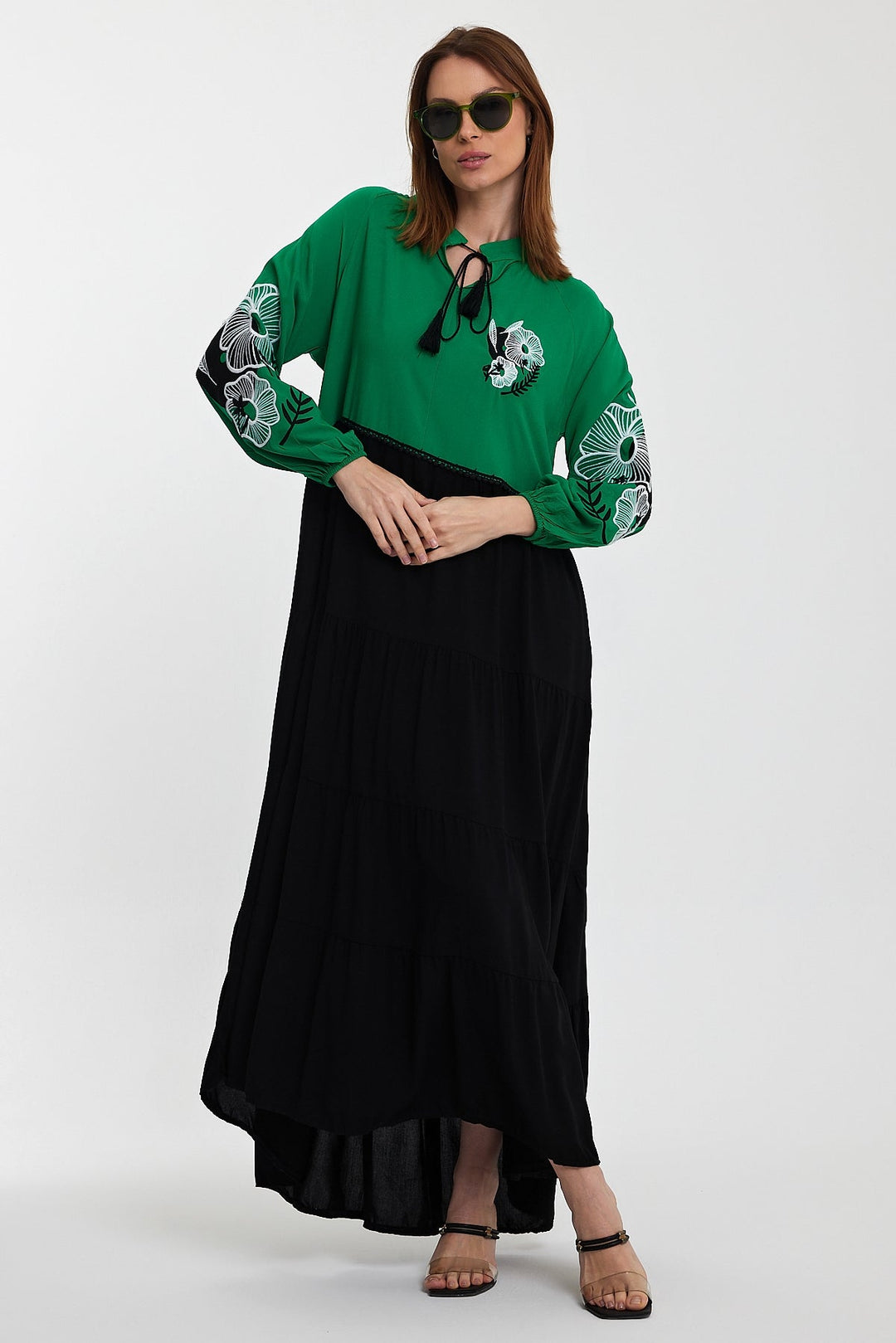Embroidered Long Sleeve Midi Dress with Tie Neck Detail in Green