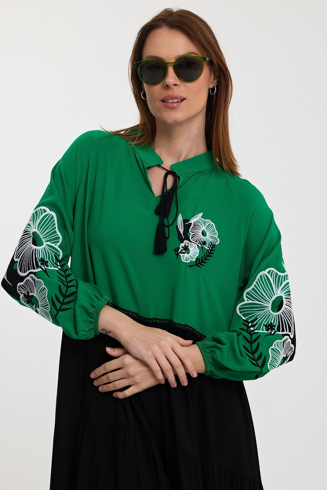 Embroidered Long Sleeve Midi Dress with Tie Neck Detail in Green