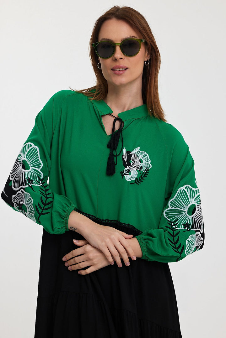 Embroidered Long Sleeve Midi Dress with Tie Neck Detail in Green