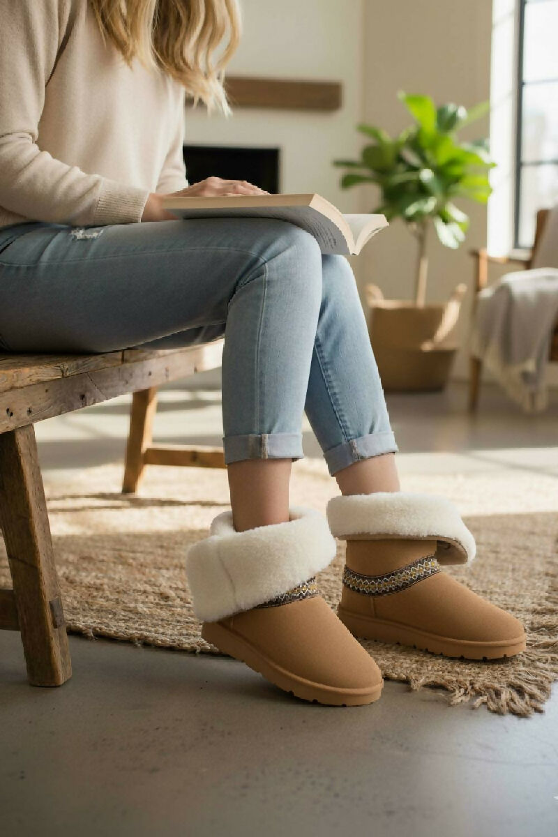 CHESTNUT FOLD OVER EMBROIDED AZTEC DETAIL FULLY FUR LINED BOOT (PACK OF 12 PAIRS UK3-UK8) - jqwholesale.com