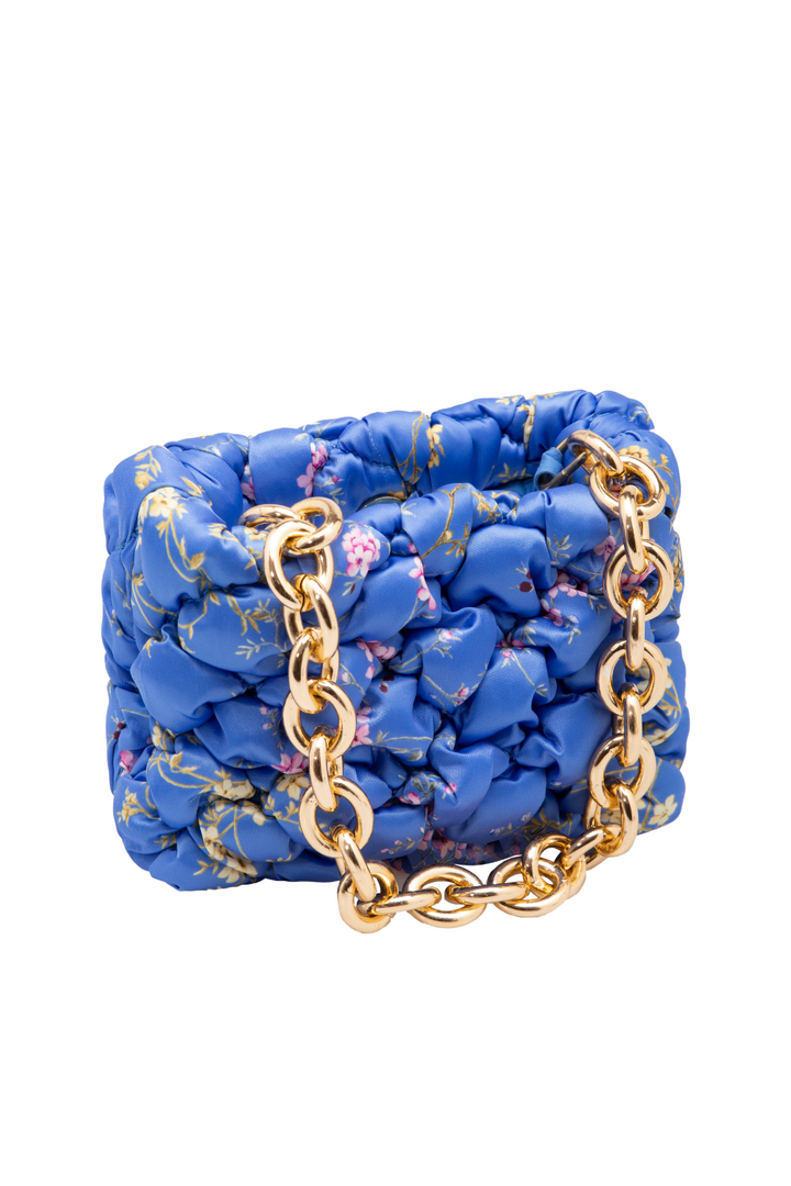 Blue Ruched Floral Mini Bag with Gold Chain