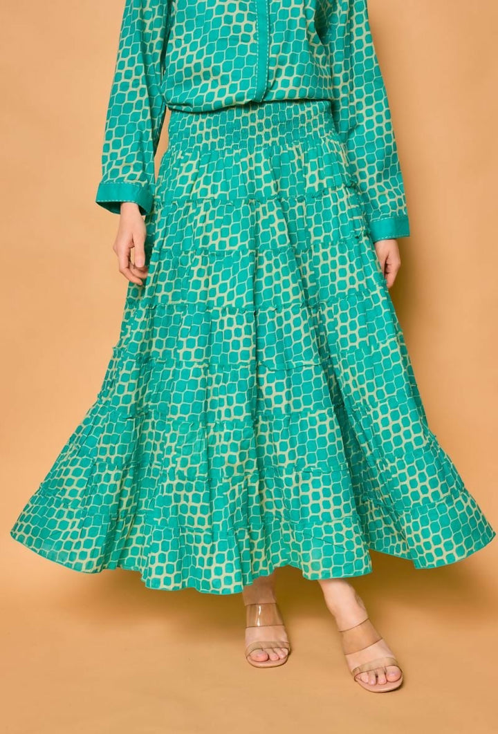 Bohemian long cotton smocked skirt- Turquoise