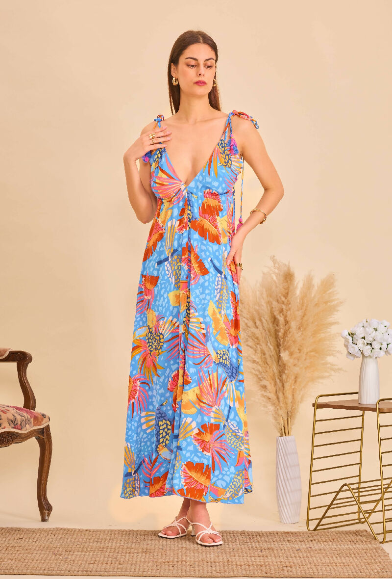 Long bohemian silk backless dress - Blue