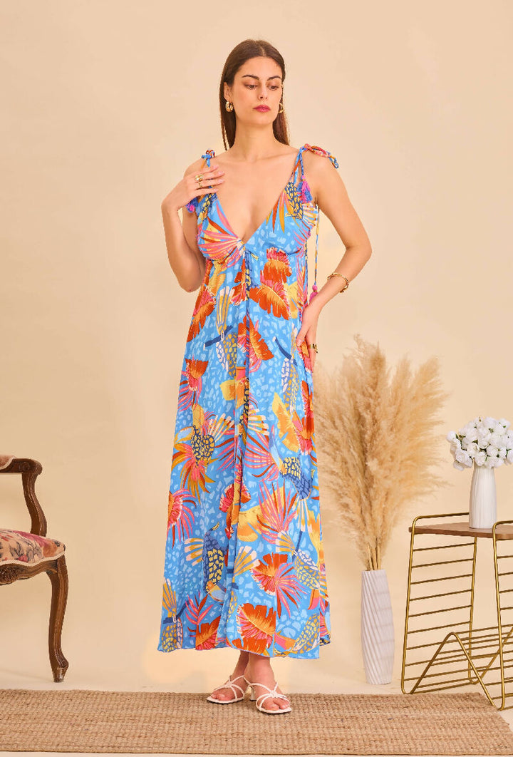 Long bohemian silk backless dress - Blue