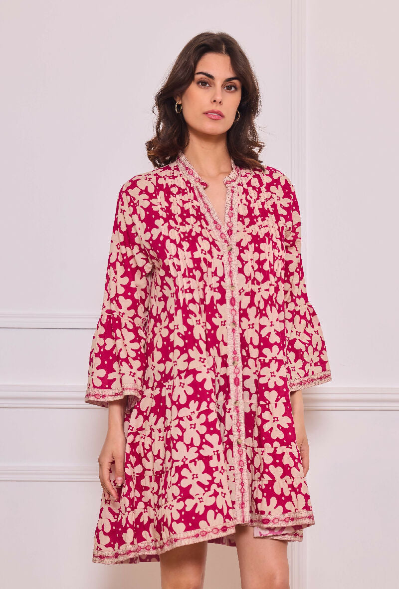 Short A-line dress in printed cotton- Fuchsia