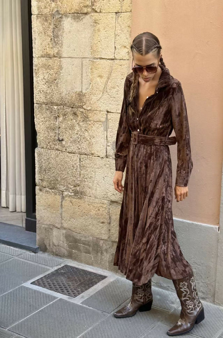 Embroidered Velvet Long Dress