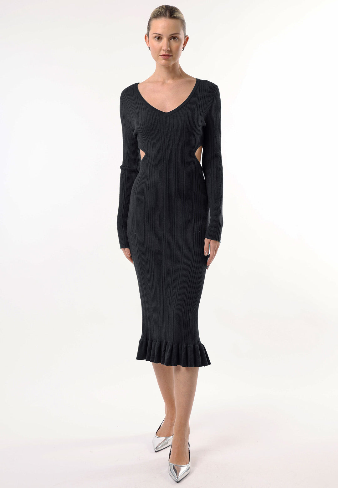 (4p. Pack) Long Sleeve Black Knit Midi Dress with Cut Outs - jqwholesale.com