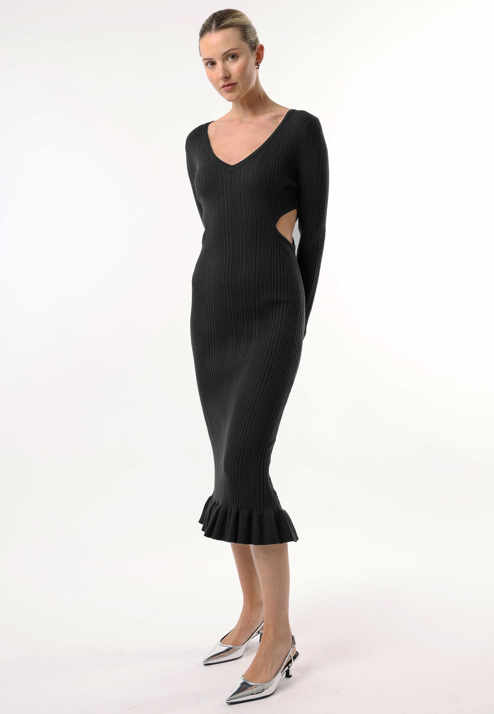 (4p. Pack) Long Sleeve Black Knit Midi Dress with Cut Outs - jqwholesale.com