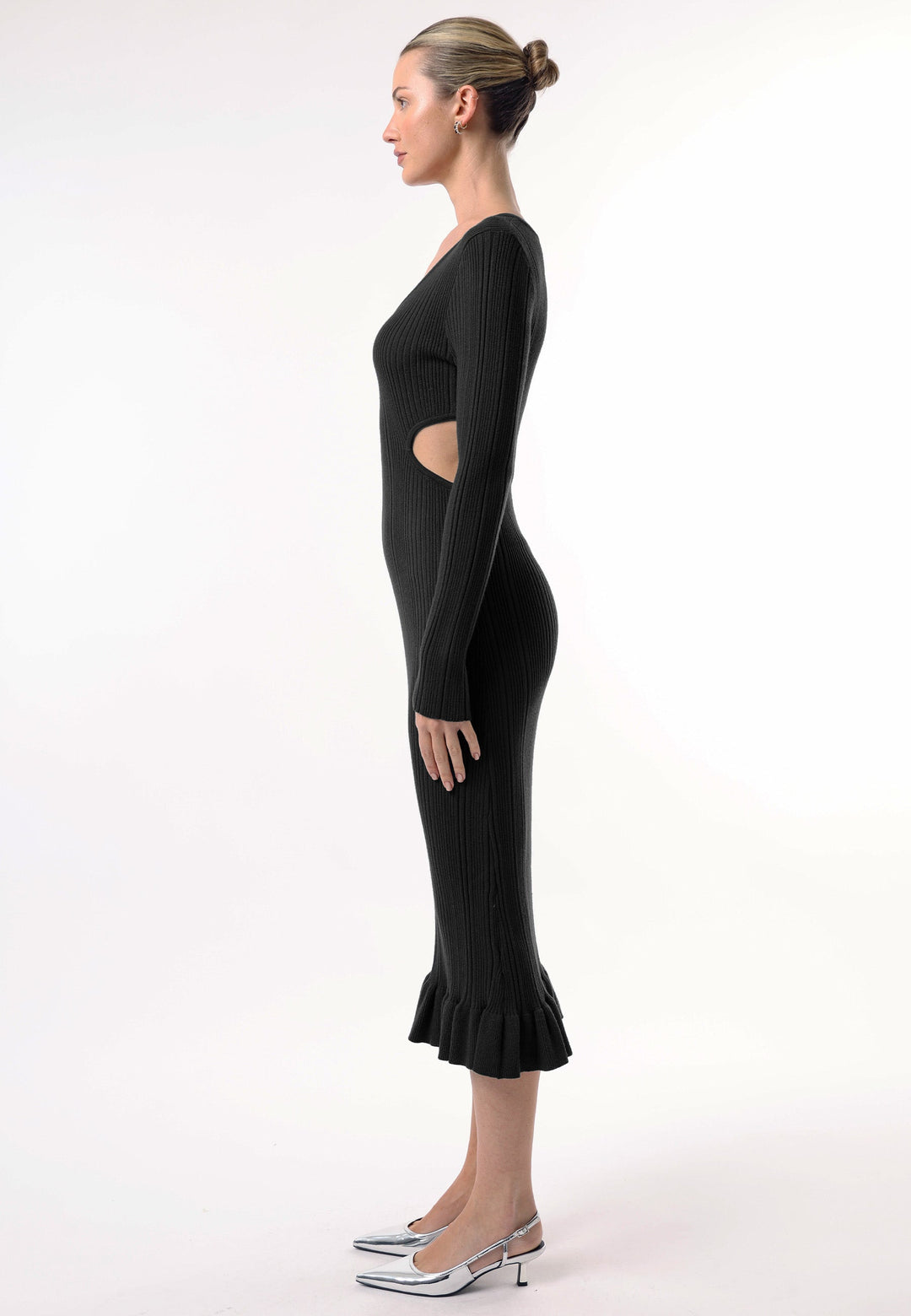 (4p. Pack) Long Sleeve Black Knit Midi Dress with Cut Outs - jqwholesale.com