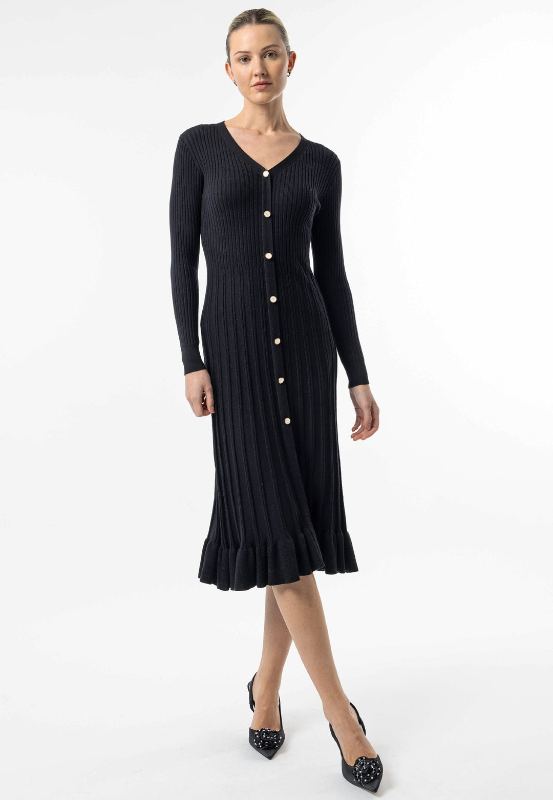 (4p. Pack) Black Knit Button Midi Dress with Ruffle Hem - jqwholesale.com