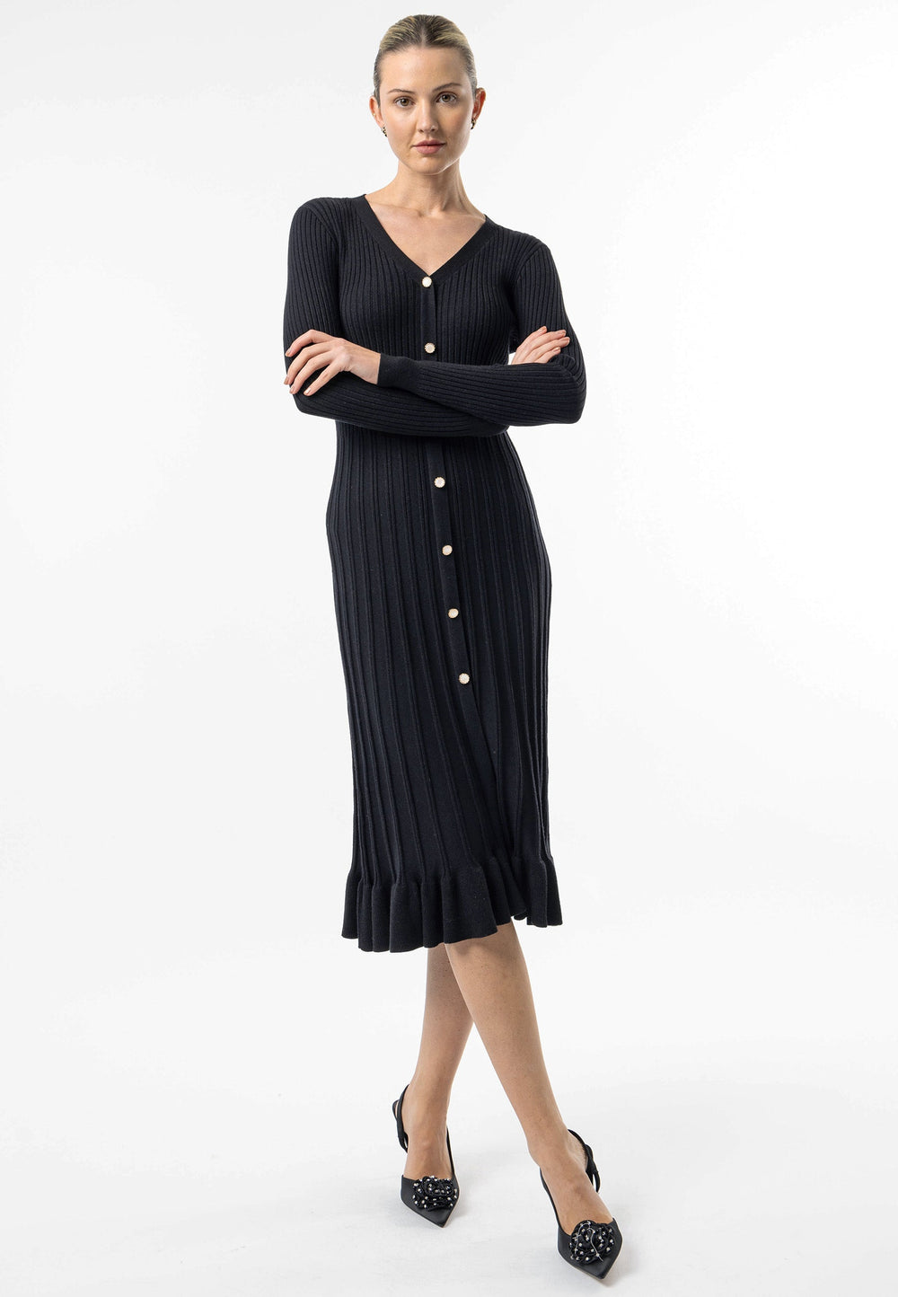 (4p. Pack) Black Knit Button Midi Dress with Ruffle Hem - jqwholesale.com