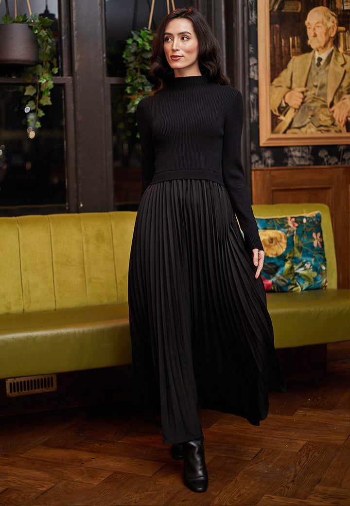 (4P.PACK) Knit Top and Pleated Skirt Maxi Dress in Black - jqwholesale.com