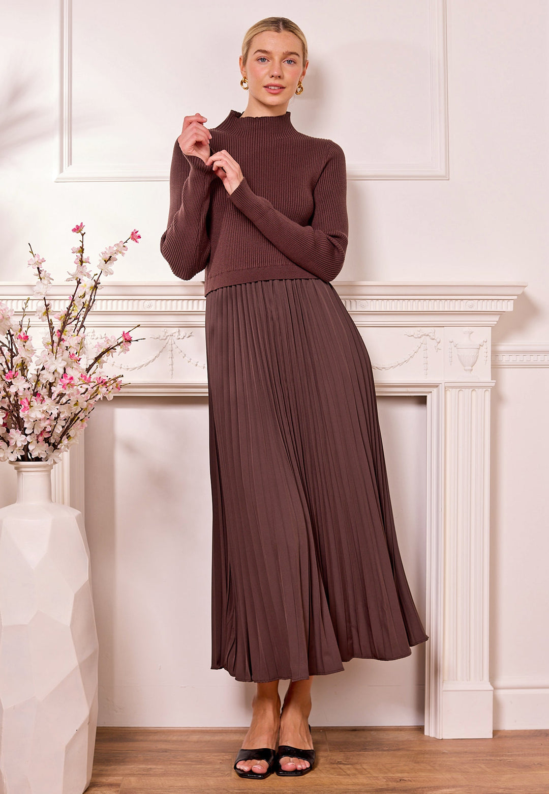 (4P.PACK) Knit Top and Pleated Skirt Maxi Dress in Brown - jqwholesale.com